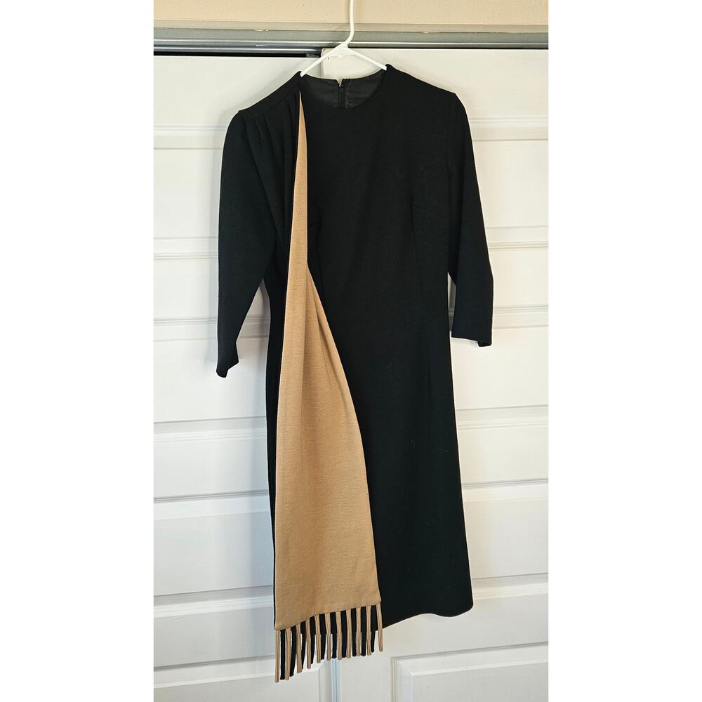 Vtg 1960s OLEG CASSINI Wool Convertible Scarf Dress Black Tan Mod Jackie Kennedy
